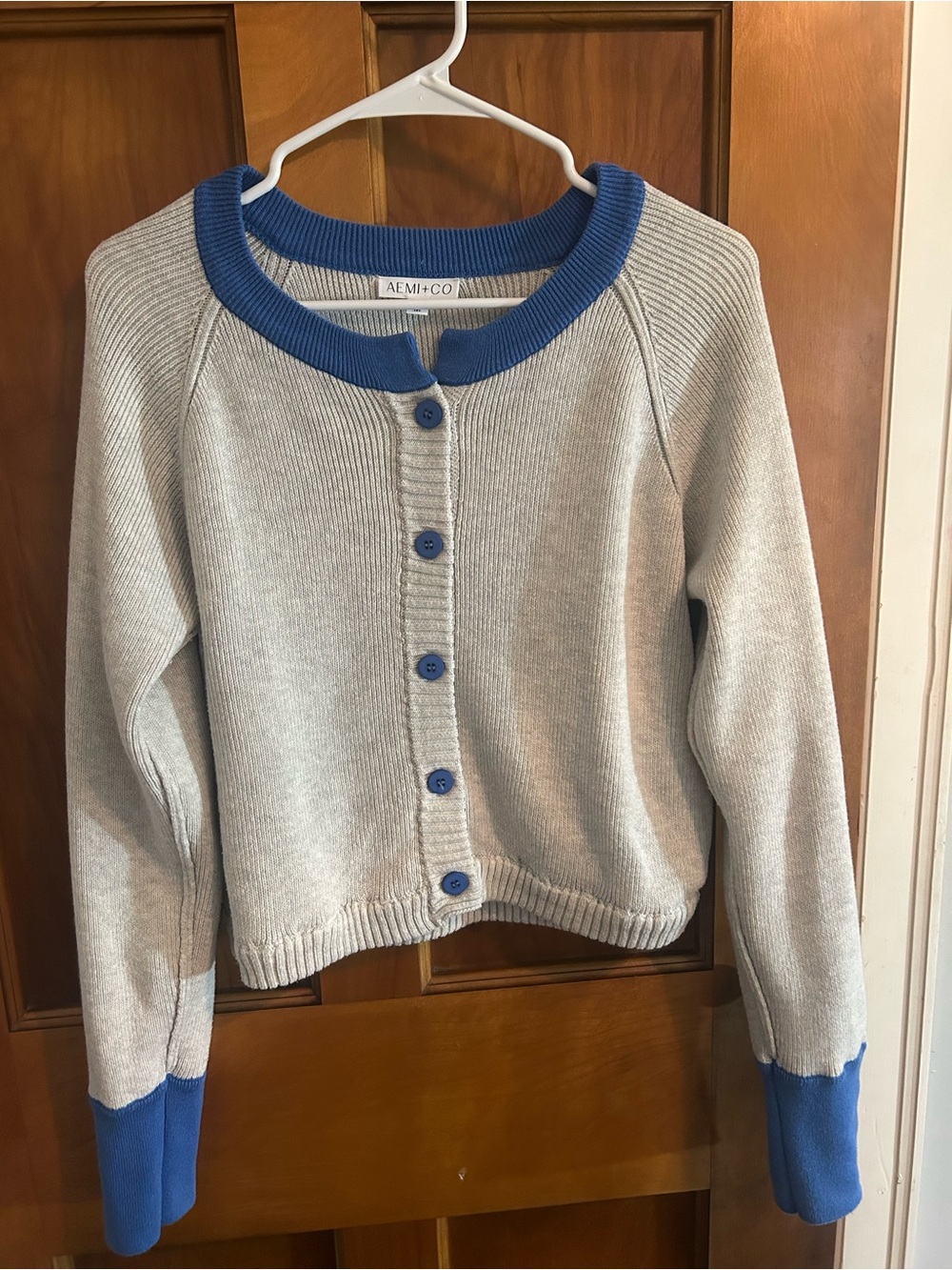 AEM+CO Cream Cardigan with Blue Trim